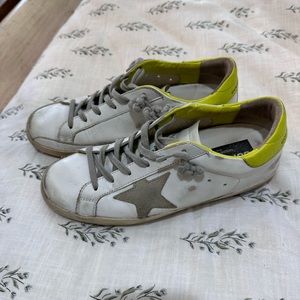 Golden Goose white, grey and neon green super star sneakers
